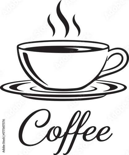 Steaming cup of coffee with handwritten word saucer hot beverage