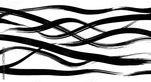 Abstract black brushstrokes create a dynamic, flowing pattern against a white background.