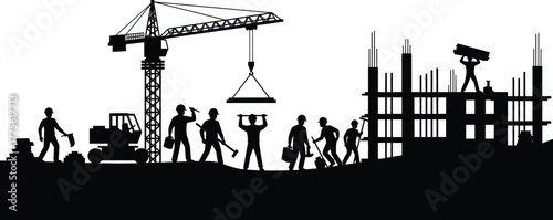 Construction site silhouette, workers with tools, crane lifting frame, bulldozer on ground, building structure, teamwork, industrial labor, black and white illustration