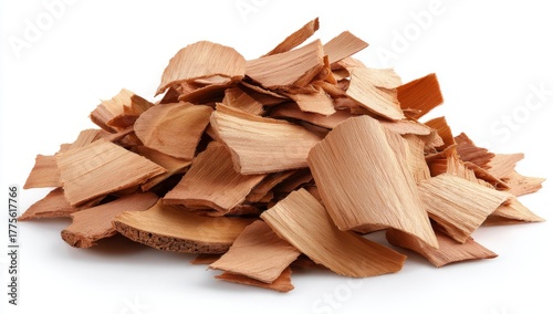 A close-up of a pile of natural wood chips is set against a white background, showcasing the natural material