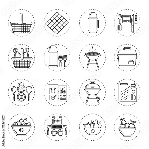 picnic icons picnic basket blanket grill food thermos and picnicware illustrating outdoor dining perfect for summer events and lifestyle blogs.