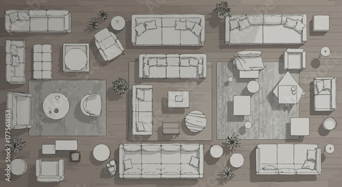 plan view furniture arrangement seating options showcased ideal for interior design layouts and space planning in architectural renderings for home design