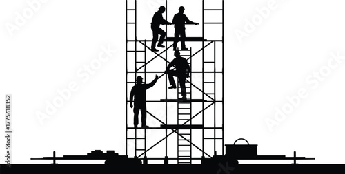 Construction workers silhouette, scaffold structure teamwork, ladder access, industrial labor, safety gear, black and white illustration, building process, elevated work site