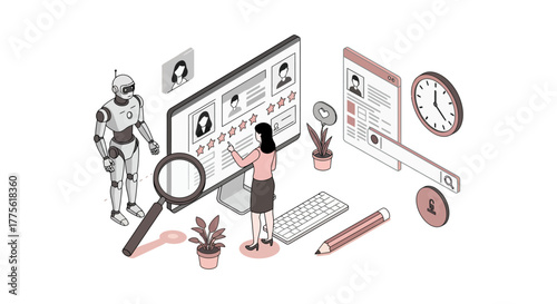 robot assisting with talent acquisition a woman reviews candidate profiles on a screen symbolizing ai in recruitment ideal for hr tech and future jobs