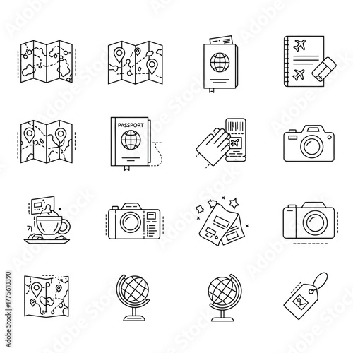 travel planning icons maps passport tickets and luggage tag for tourism blog vacation prep and adventure travel designs