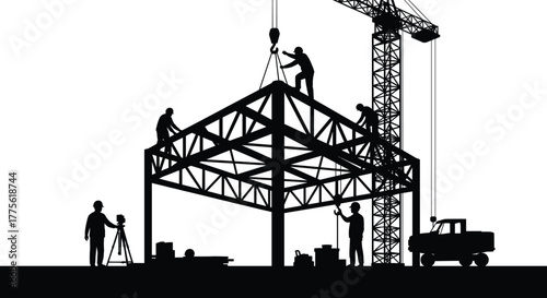 Construction workers silhouette, steel structure building, crane lifting beam, teamwork at site, industrial labor, black and white illustration, engineering process