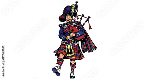 Bagpiper in kilt playing music in traditional Scottish attire  
