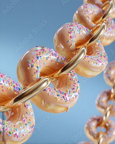 Conceptual Image of Donuts Linked Together by a Shiny Gold Chain, 3D Rendering