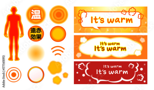 遠赤外線の温かさとぬくもりのイメージ素材セット　人体シルエットと発熱エフェクト　あたたかい広告・冬・冷え対策イラスト