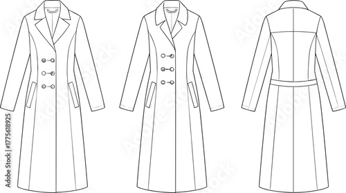 Long double-breasted coat, fashion technical sketch, front and back view, tailored outerwear design, notched lapel, structured silhouette, garment illustration