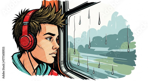 Teenager with headphones looking out train window on a rainy day  