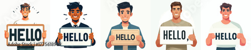 vector of a man holding a "Hello" sign