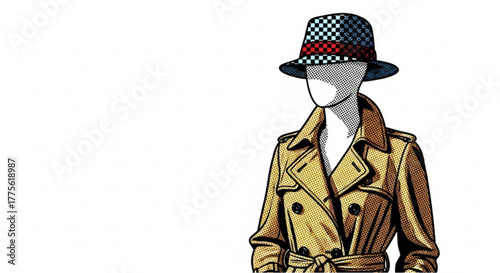 Plaid hat and trench coat on a mannequin in a minimalist style  