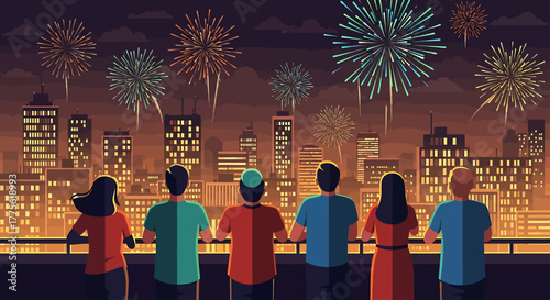 A group of people seen from behind watching a colorful fireworks display over a city skyline at night.