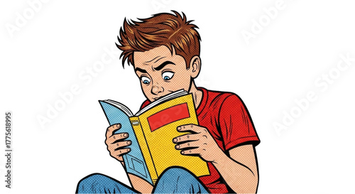 Young boy reading comics with excitement while sitting on the floor  