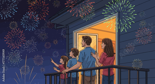 A family of four watches fireworks light up the night sky from their balcony.