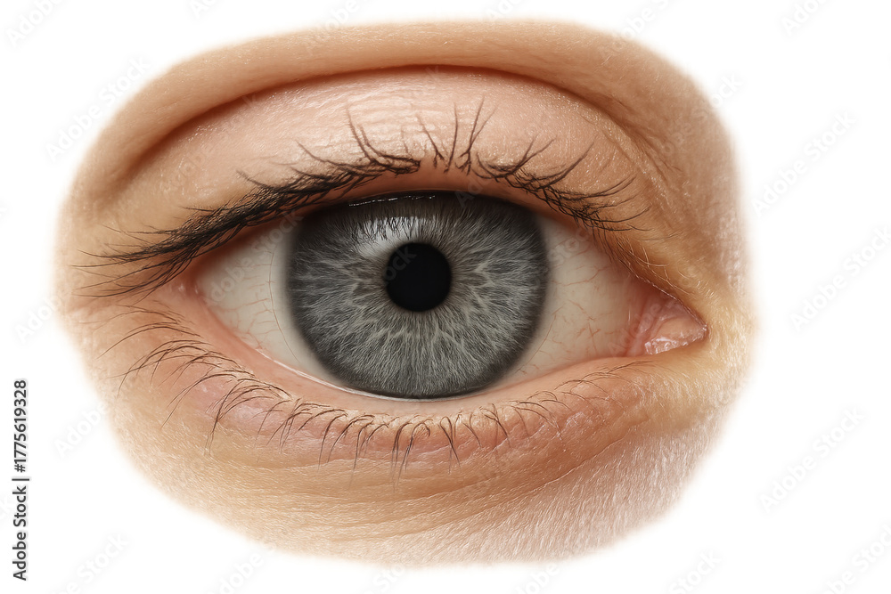 Fototapeta premium Human blue eye close-up showing iris, pupil, and eyelashes, a visual representation of sight and vision on transparent background