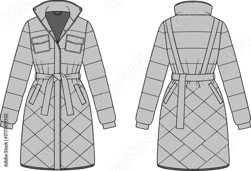 Quilted long coat, fashion technical sketch, front and back view, belted outerwear design, high collar, cuffed sleeves, garment illustration