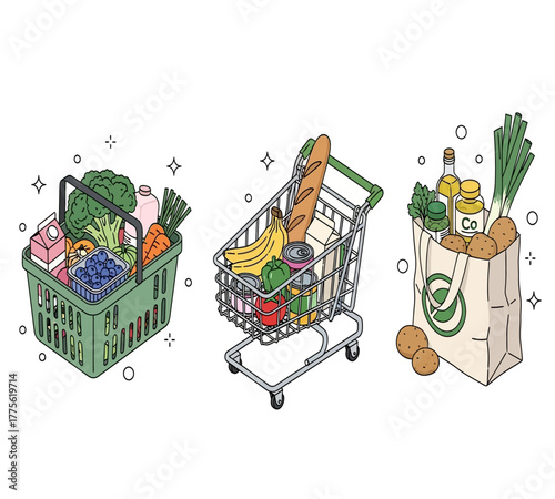 Illustration of a shopping basket, shopping cart, and tote bag filled with groceries, isolated on white background the items include fruits, vegetables, bread, and other food products