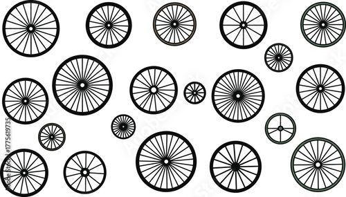 Spoked wheel collection, radial symmetry design, black silhouette illustration, mechanical components, circular shapes, engineering concept, vintage style, bicycle and wagon wheels