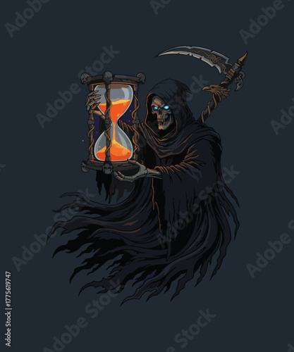 Grim Reaper's hourglass: A chilling image of the Grim Reaper, cloaked in darkness, cradling an hourglass, his skeletal form embodying the relentless passage of time and the inevitable end.