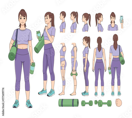 Illustration of a woman in sportswear with various poses and accessories, isolated on white background the accessories include a yoga mat, water bottle, dumbbell, and phone