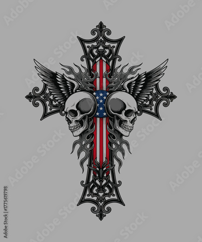 Symbol of Defiance: An intricate emblem blends the themes of rebellion, faith, and patriotic pride, set against a dark grey background.