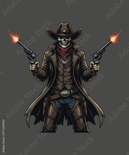 Cowboy Skeleton Showdown: A stern skeleton cowboy with an unyielding gaze, arms outstretched, dual revolvers blazing in a standoff amidst a gritty, wild-west atmosphere.