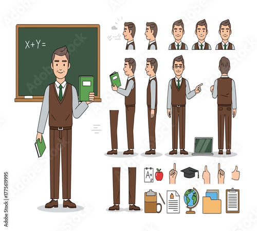 Illustration of a teacher character in various poses and with different expressions, including elements like a chalkboard, books, and schoolrelated items, isolated on white background