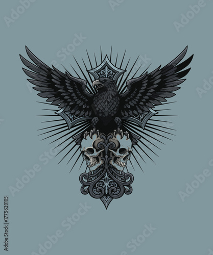 Soaring Icon: A majestic eagle with widespread wings, perched atop skulls and elaborate ornaments. This artwork captures the powerful essence of freedom, courage, and symbolic meaning.