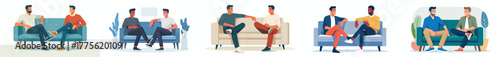 vector of 2 male friends talking casually on the sofa