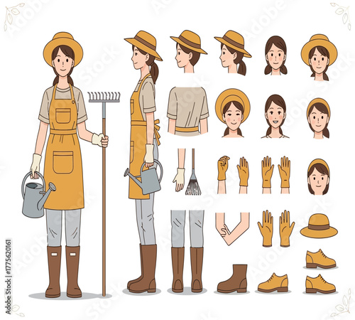 Gardener woman character design isolated on white background, presenting diverse poses, expressions, and gardening tools for animation or illustration, highlighting a cheerful and hardworking agricult