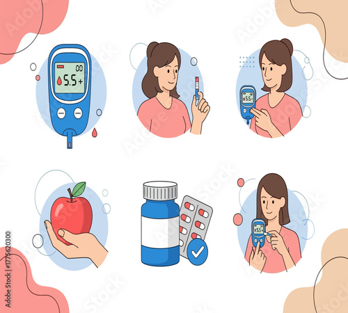 Illustration depicting diabetes management with a glucose meter displaying a reading, a woman injecting insulin, and healthy lifestyle choices like an apple and medication, all set against a clean whi
