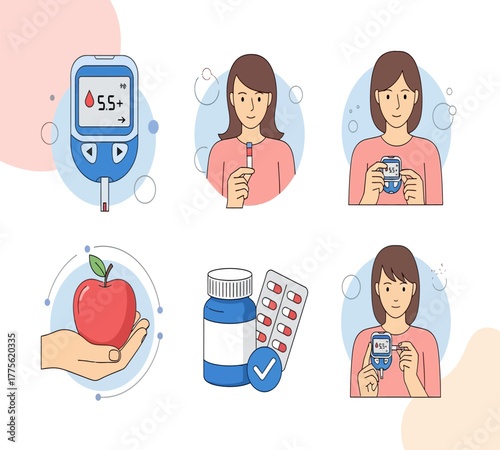 Illustration depicting diabetes management with a glucose meter displaying a reading, a woman injecting insulin, and healthy lifestyle choices like an apple and medication, all set against a clean whi