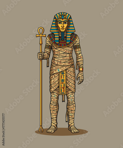 Pharaoh's Regal Presence: A stylized depiction of a pharaoh, wrapped in traditional bandages and adorned with regal headdress, holding an ankh and scepter.