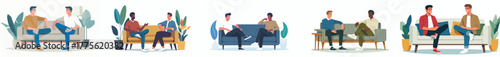 vector of 2 male friends talking casually on the sofa