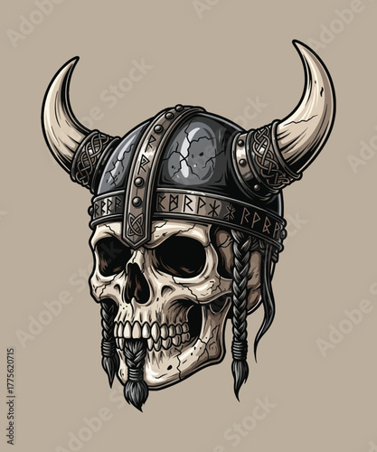 Viking Skull Emblem: A formidable skull adorned with a classic Viking helmet and braided beard, emanating an aura of ancient strength and Norse mythology.