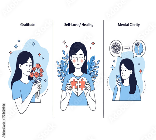 Illustration showcasing gratitude, selflovehealing, and mental clarity as essential components of overall wellbeing, isolated on white background