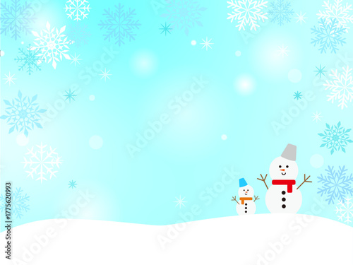  雪景色と雪だるま、雪の結晶のイラスト