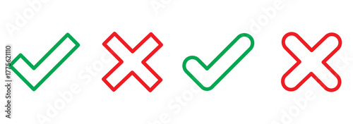 Right or wrong icons. True or false. Correct or  incorrect. Tick and cross icons, symbols set. Yes or no symbol, approved or rejected icon for user interface.