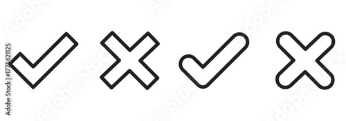 Right or wrong icons. True or false. Correct or  incorrect. Tick and cross icons, symbols set. Yes or no symbol, approved or rejected icon for user interface.