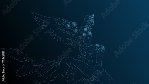 A man Icarus stands on the edge of a cliff. A man with wings behind a kick before flight.Vector abstract illustration wireframe, network, low poly.