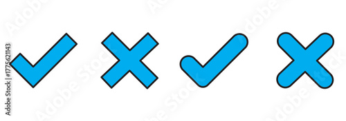 Right or wrong icons. True or false. Correct or  incorrect. Tick and cross icons, symbols set. Yes or no symbol, approved or rejected icon for user interface.