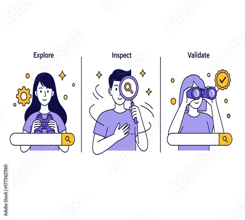 Illustration depicting explore, inspect, and validate as key steps in a process, showcasing individuals using tools for discovery, isolated on white background