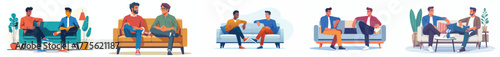 vector of 2 male friends talking casually on the sofa