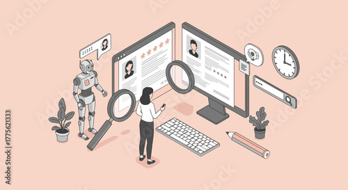 AI recruitment process woman reviews candidates with AI robot assistant analyzing resumes on screens for hiring showcasing technology-driven HR solutions