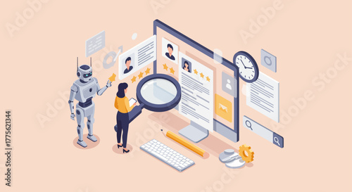 AI recruitment woman reviewing candidate profiles with AI assistance on computer highlighting efficient hiring processes and modern HR solutions