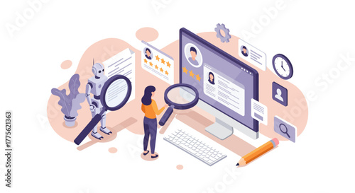 ai recruitment screening process ai robot and hr specialist review candidate profiles on computer highlighting ai in talent acquisition  automation
