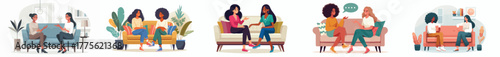 vector of 2 female friends talking casually on the sofa