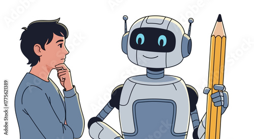 AI writing assistant helping a thinking man brainstorming ideas illustrating artificial intelligence innovation in content creation and tech solutions